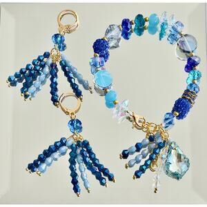 Swarovski Beaded Bracelet & Earrings Set – Blue & Gold Women’s Jewelry Gift